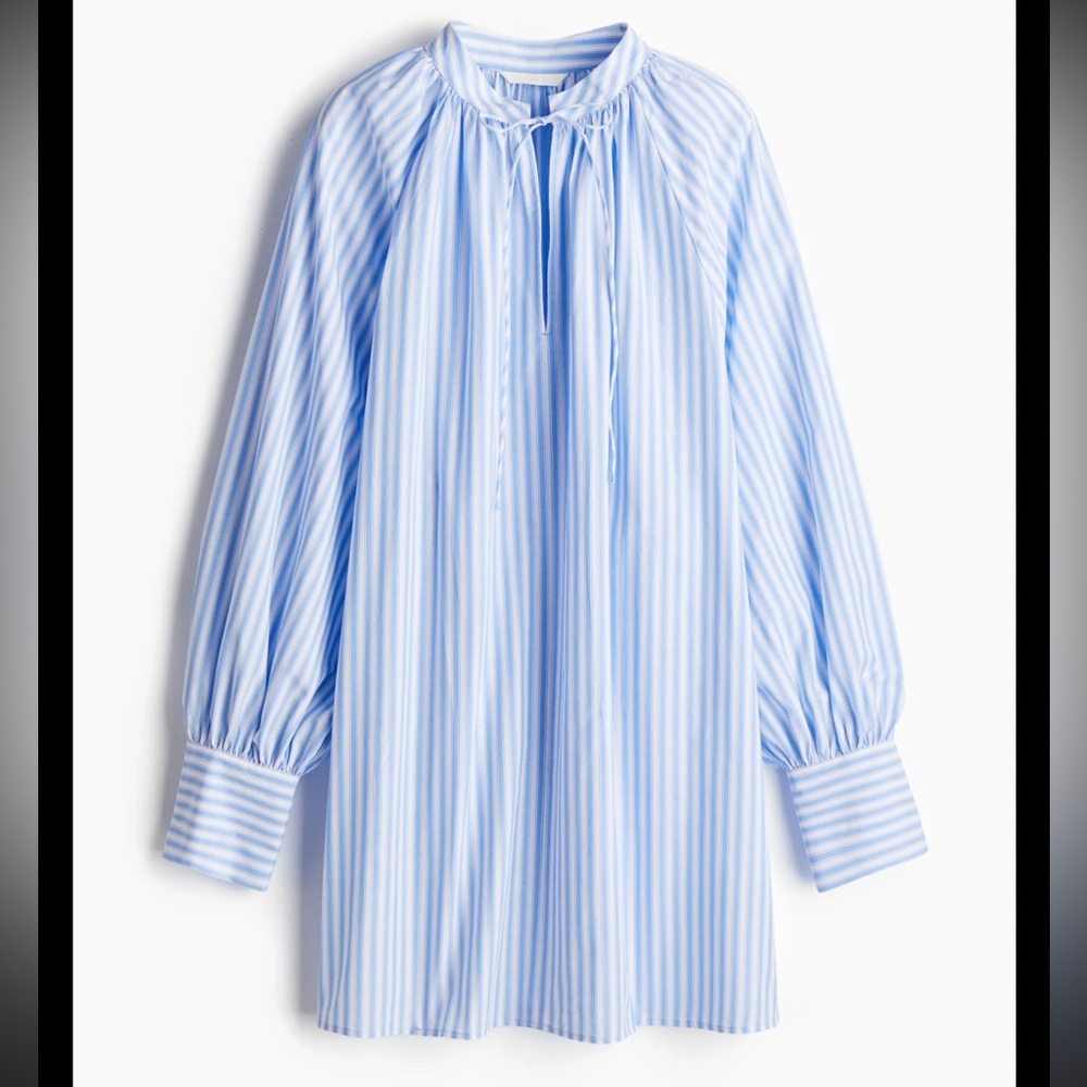 H&M Oversized Tie Detail Dress light blue / striped Medium